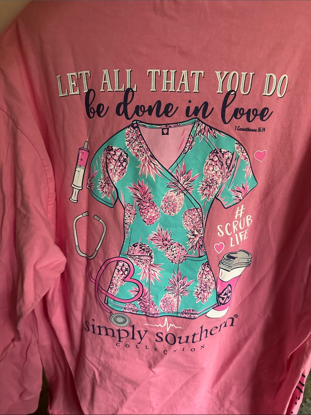 Simply Southern Pink Long Sleeve Tee with Teal Pineapple Scrub Graphic